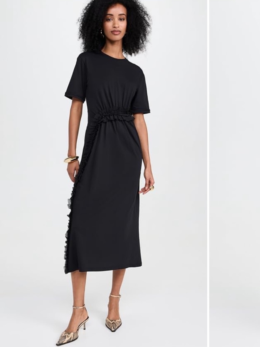 Ulla Johnson Black Short-Sleeve Midi Dress with Side Ruffle